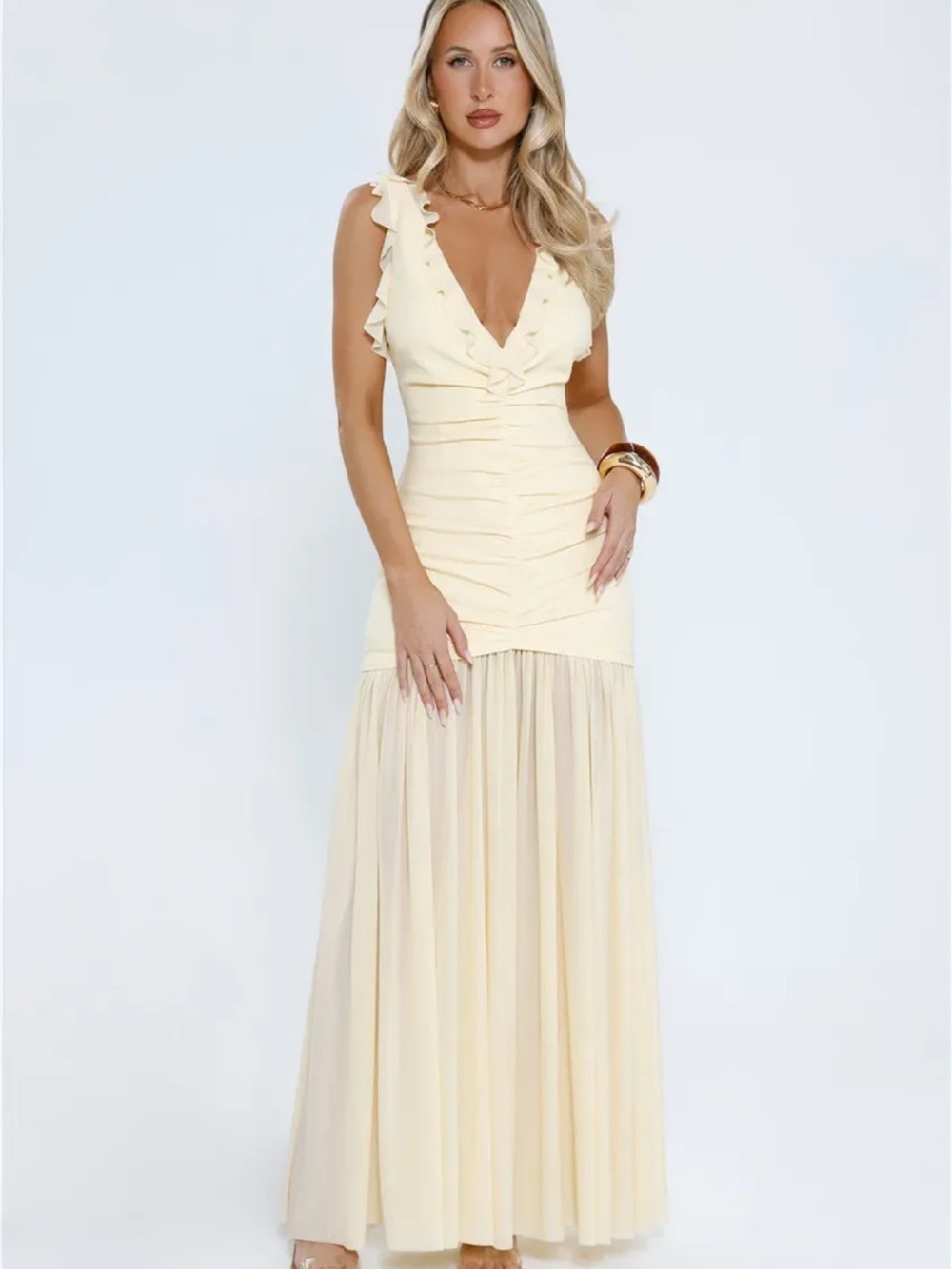 Butter Yellow Ruched V-Neck Maxi Dress